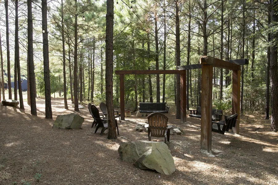 Firepit gathering area beneath the pines